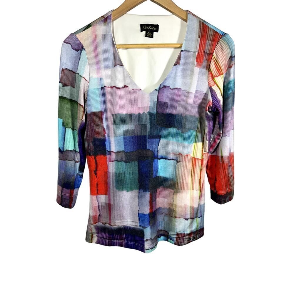 CARTISE Women's Watercolor Windowpane V-Neck 3/4 Sleeve Top Multi-Color Medium